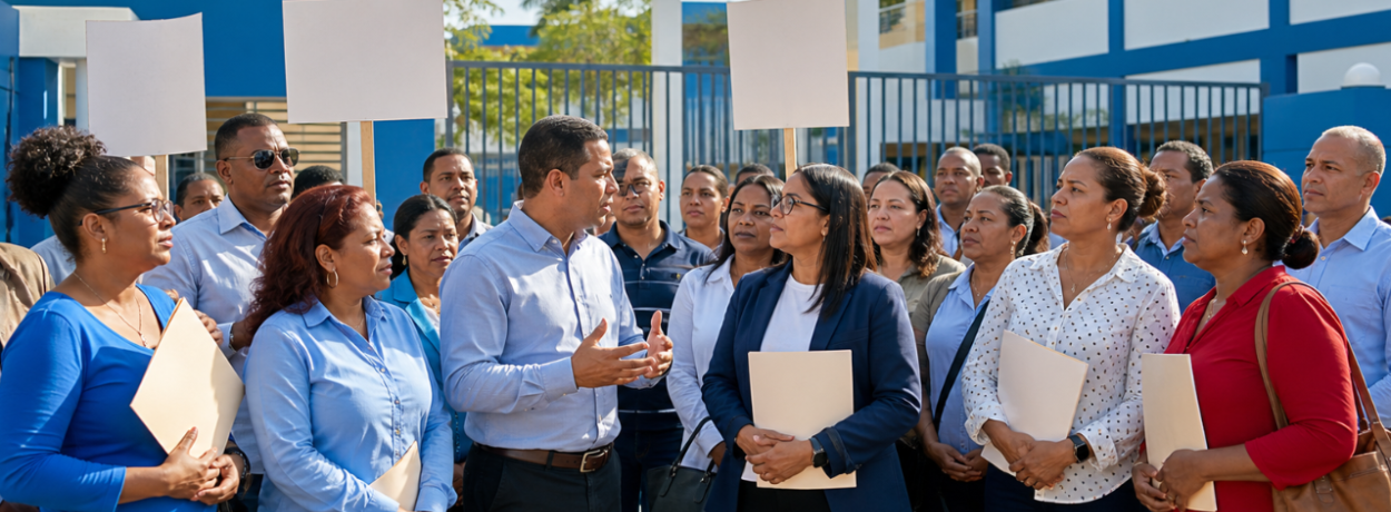 Docentes reunidos frente a una escuela pública dominicana